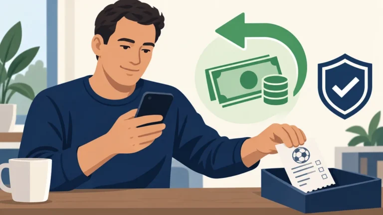 Pessoa revisando o celular e deixando de lado um comprovante de aposta