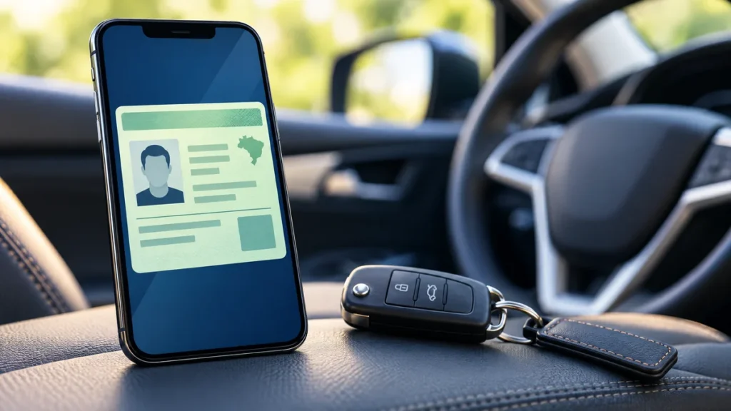 Celular com uma carteira digital genérica ao lado de chaves de carro