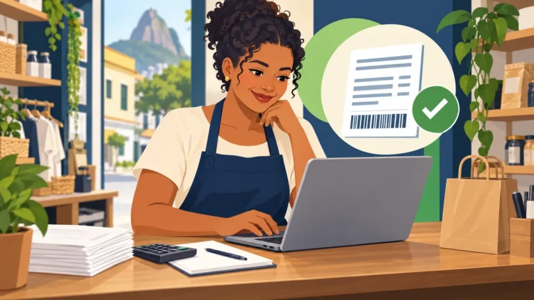 Pequena empreendedora trabalhando no balcão com computador e documentos